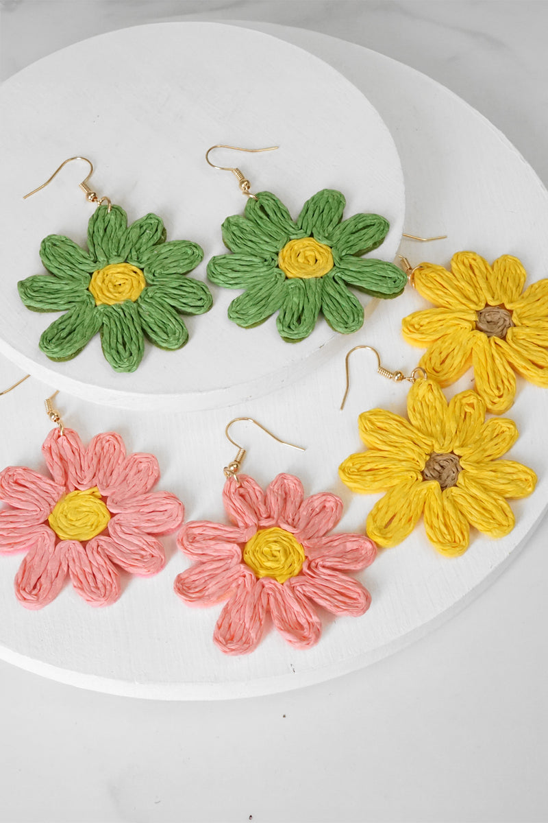 Raffia Flower Earrings Pink Green Yellow