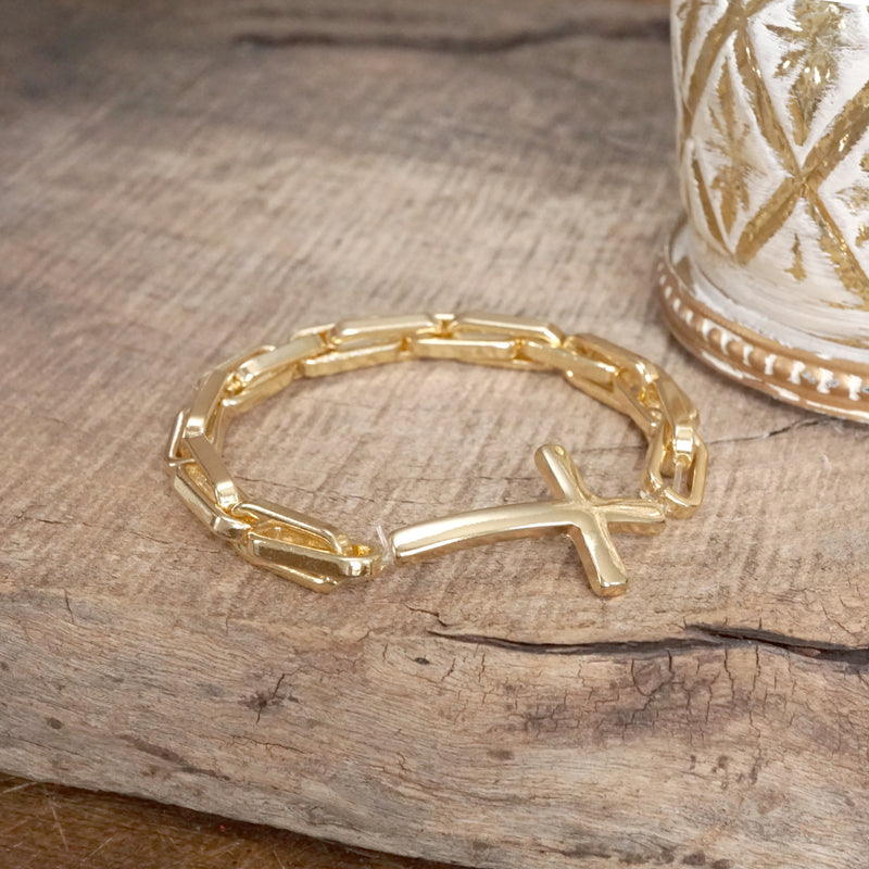 Sideways Cross Stretch Bracelet – Gold or Silver Tone
