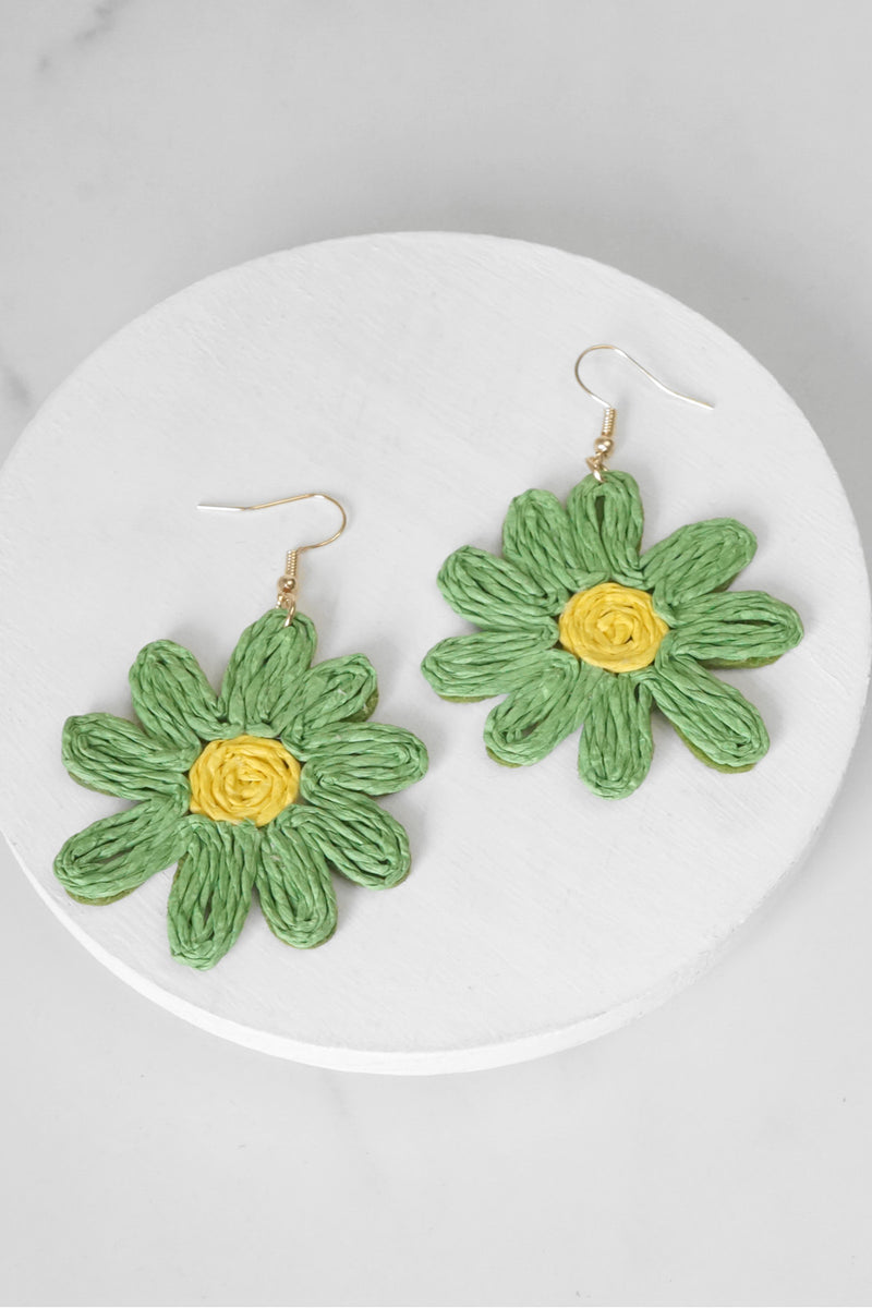 Raffia Flower Earrings Pink Green Yellow