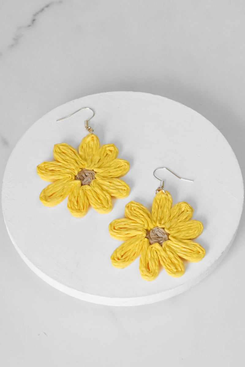 Raffia Flower Earrings Pink Green Yellow