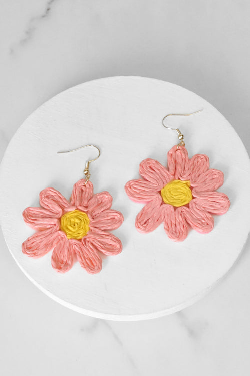 Raffia Flower Earrings Pink Green Yellow