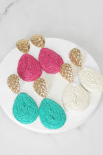 Raffia Teardrop Earrings Hot Pink Teal Green Cream