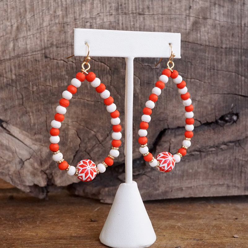 Christmas Red Green and white Wood beads Teardrop Dangle Earrings