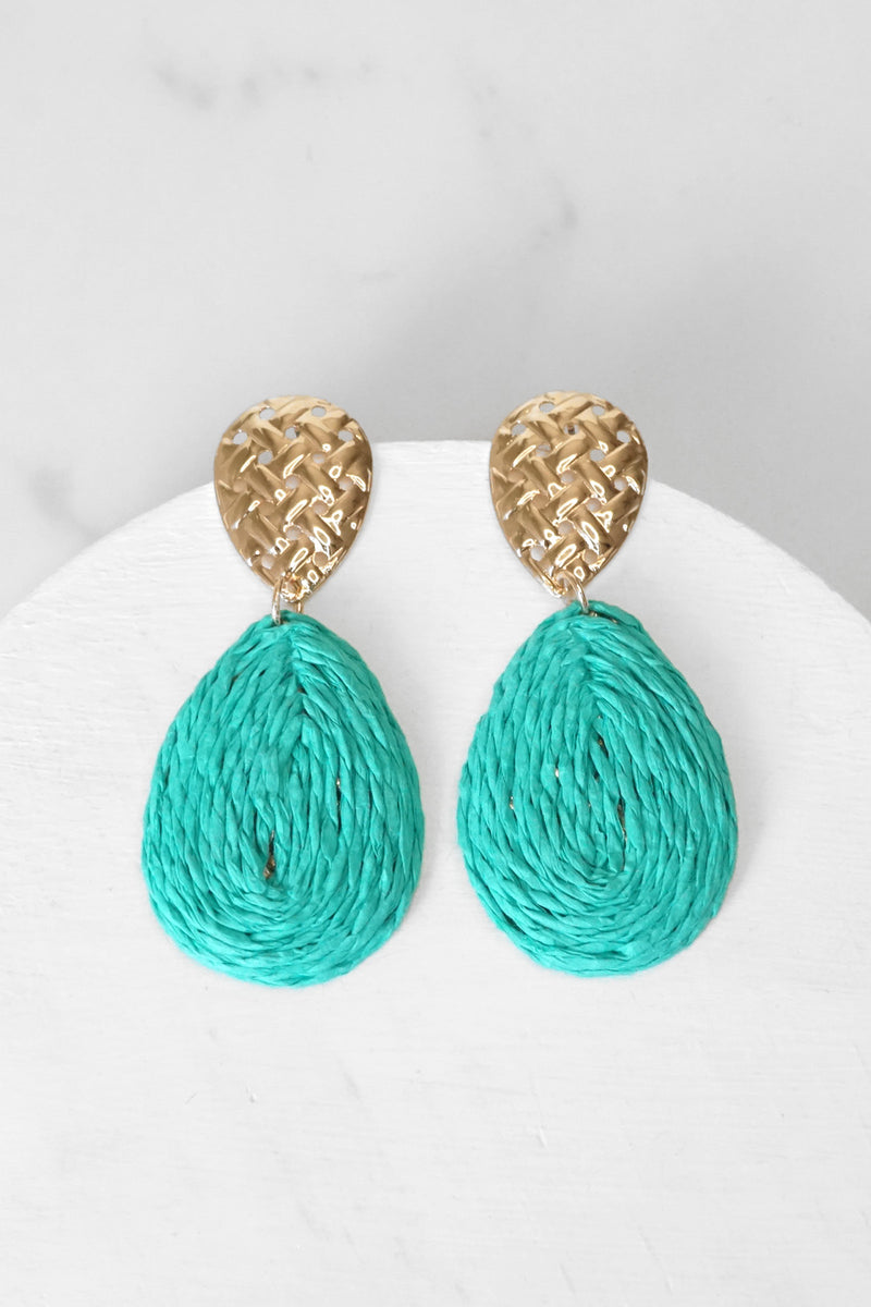 Raffia Teardrop Earrings Hot Pink Teal Green Cream
