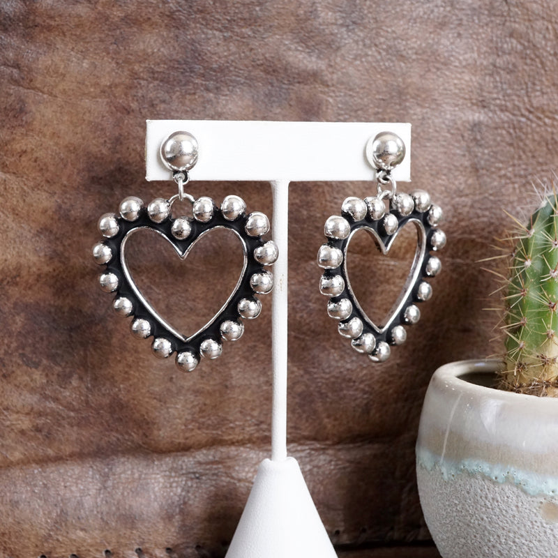 Western Heart Drop Earrings – Worn Silver Tone
