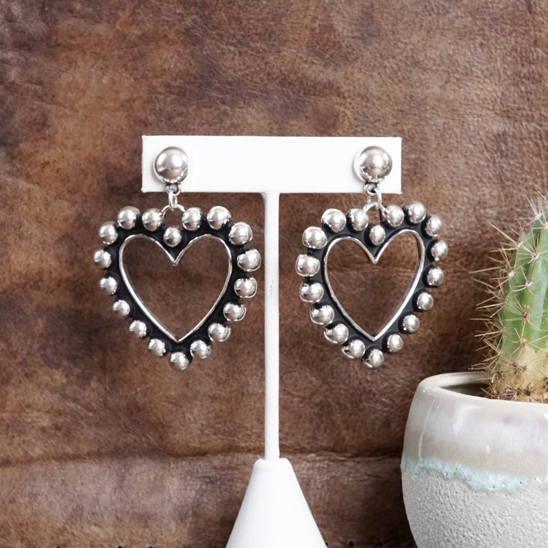Western Heart Drop Earrings – Worn Silver Tone