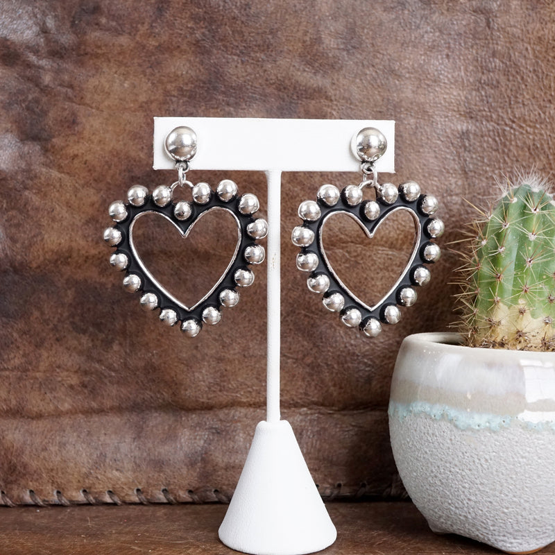 Western Heart Drop Earrings – Worn Silver Tone