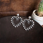 Western Heart Drop Earrings – Worn Silver Tone