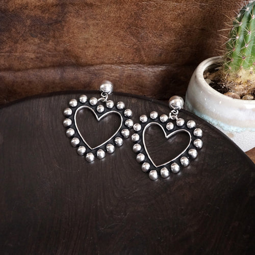 Western Heart Drop Earrings – Worn Silver Tone
