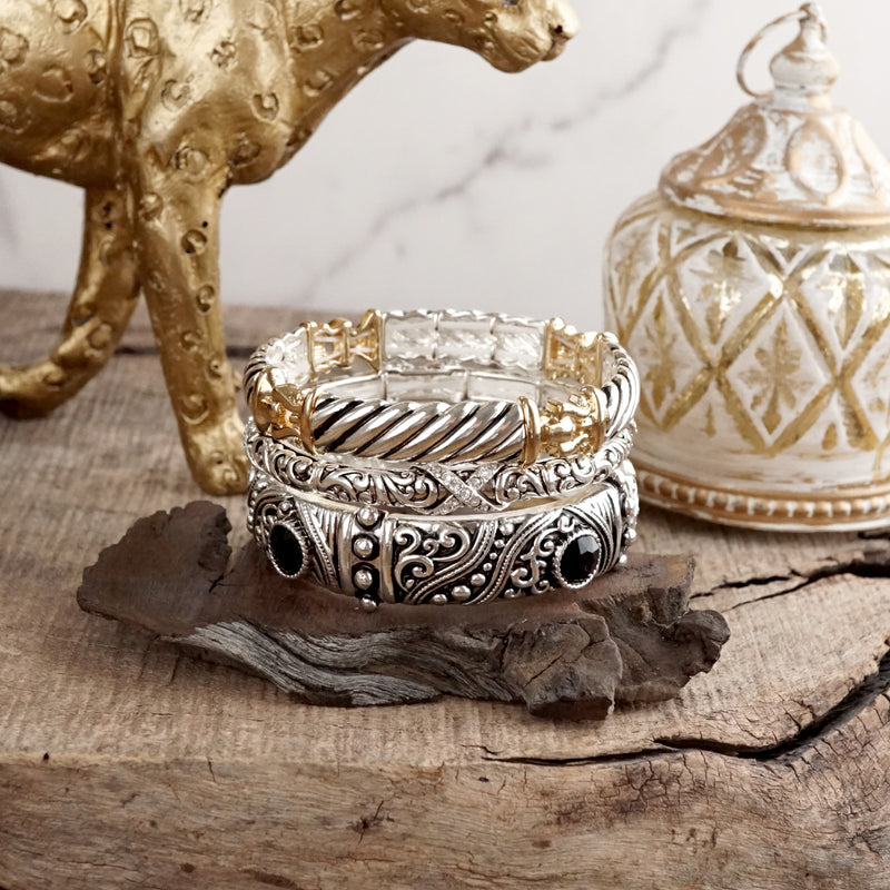 Timeless Twists – Filigree & Twist Stretch Bangles in Silver Tone