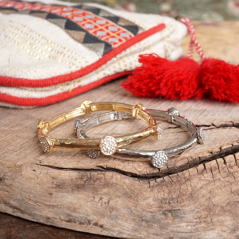 Stretchy Bangle with Crystal Pavé Round Accents – Gold or Silver Tone