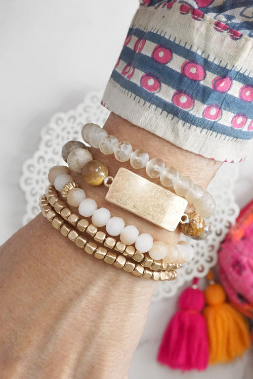Boho Beaded Bracelets Stack Semi Precious Metal Glass Plaque - Browns