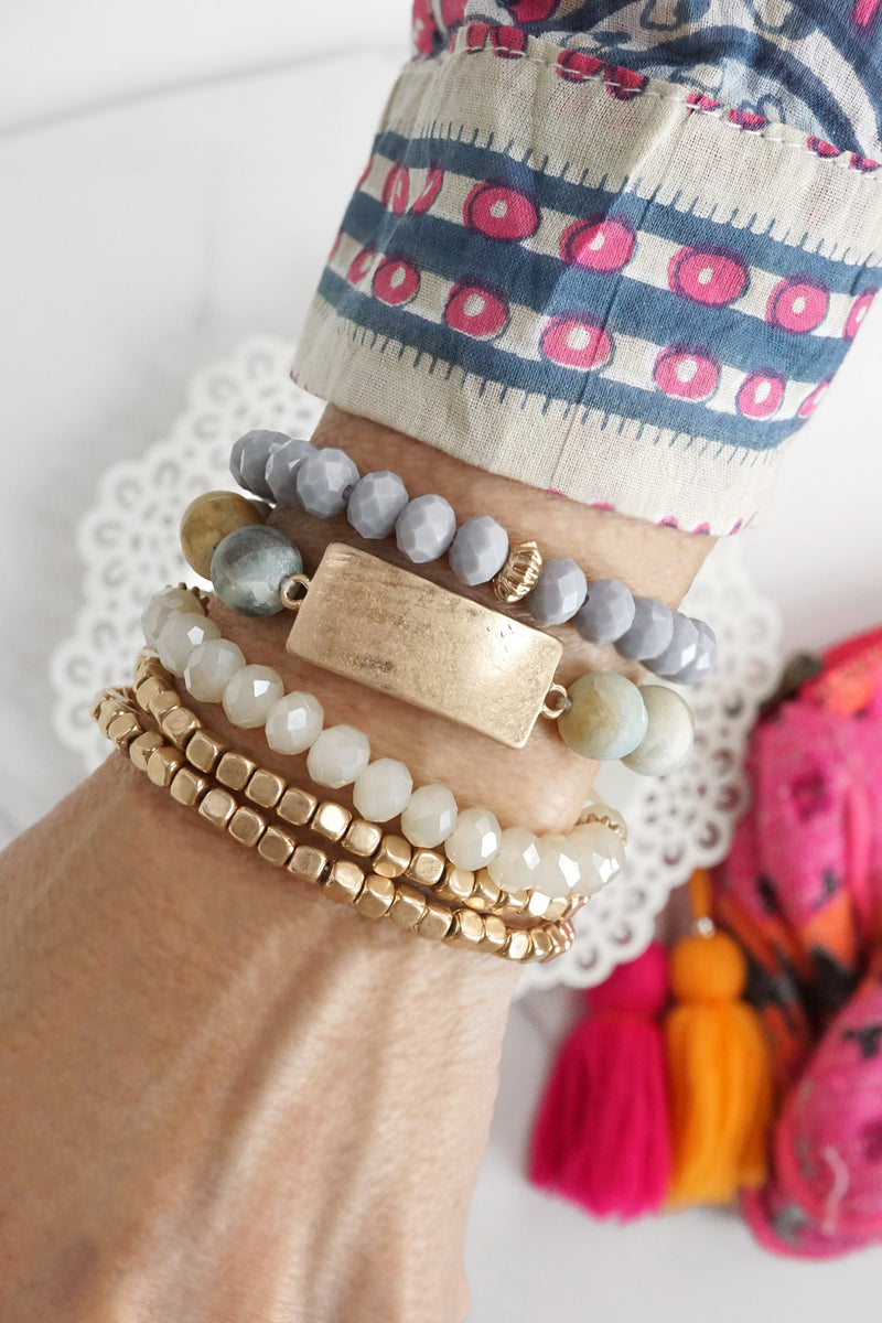 Boho Beaded Bracelets Stack Semi Precious Metal Glass Plaque