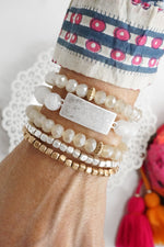 Boho Beaded Bracelet Stack Semi Precious Silver Tone Plaque