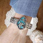 Western Cowgirl Bull Head Statement Bangle Bracelet – Silver & Turquoise