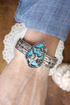 Western Cowgirl Bull Head Statement Bangle Bracelet – Silver & Turquoise
