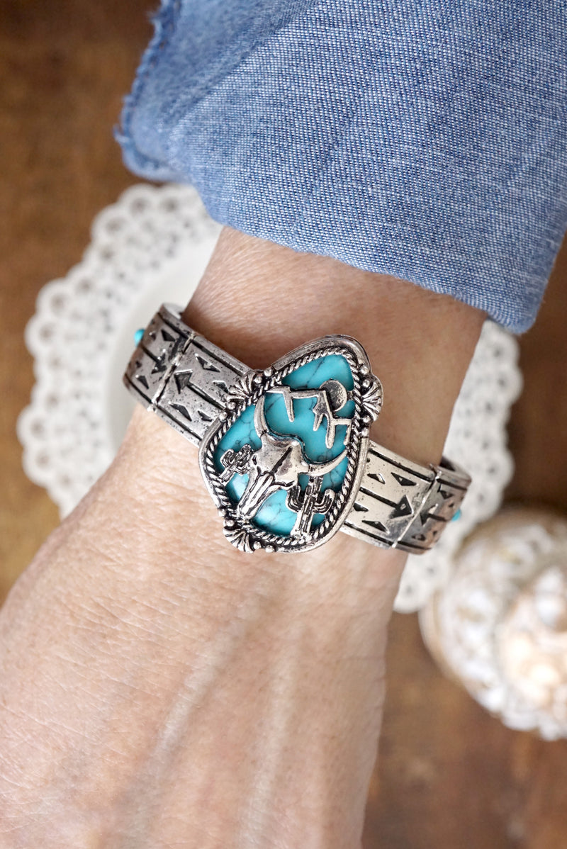 Western Cowgirl Bull Head Statement Bangle Bracelet – Silver & Turquoise