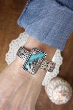 Western Cowgirl Cactus Statement Bangle Bracelet – Silver & Turquoise
