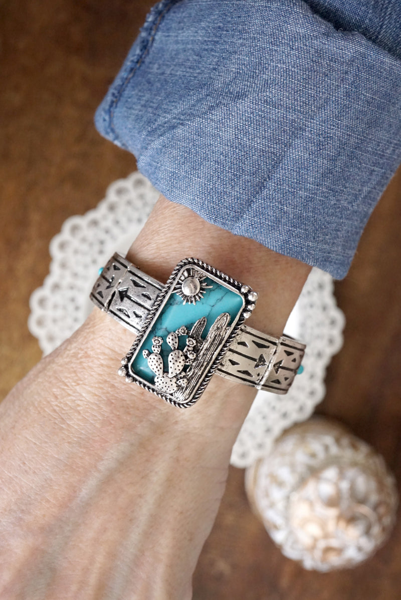 Western Cowgirl Cactus Statement Bangle Bracelet – Silver & Turquoise