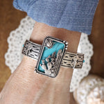 Western Cowgirl Cactus Statement Bangle Bracelet – Silver & Turquoise