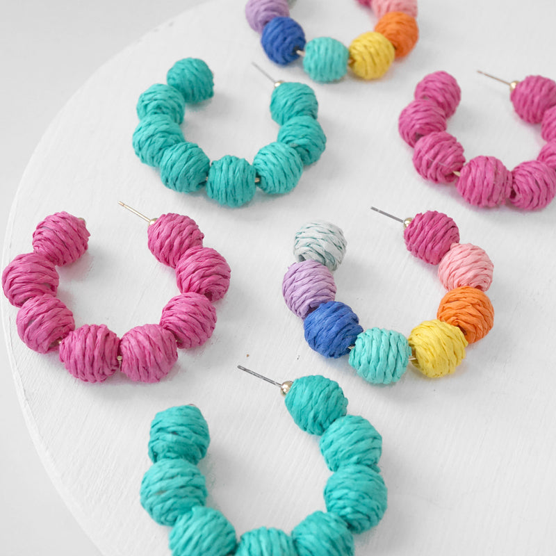 Raffia Hoop Earrings Hot Pink Teal Green Multi