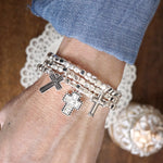 Cross stretchy western style bracelet set - Silver Gold tone