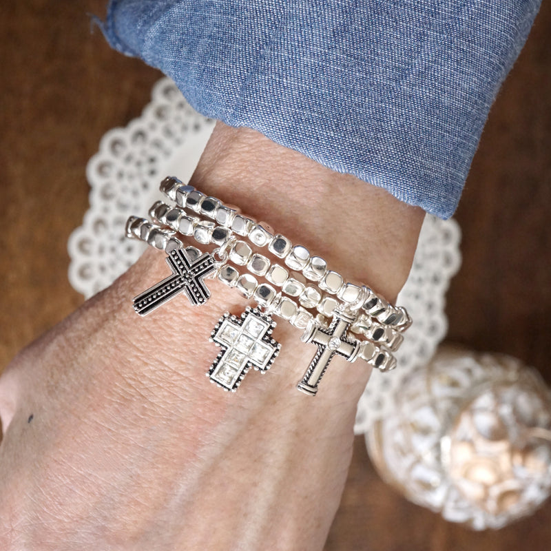 Cross stretchy western style bracelet set - Silver Gold tone