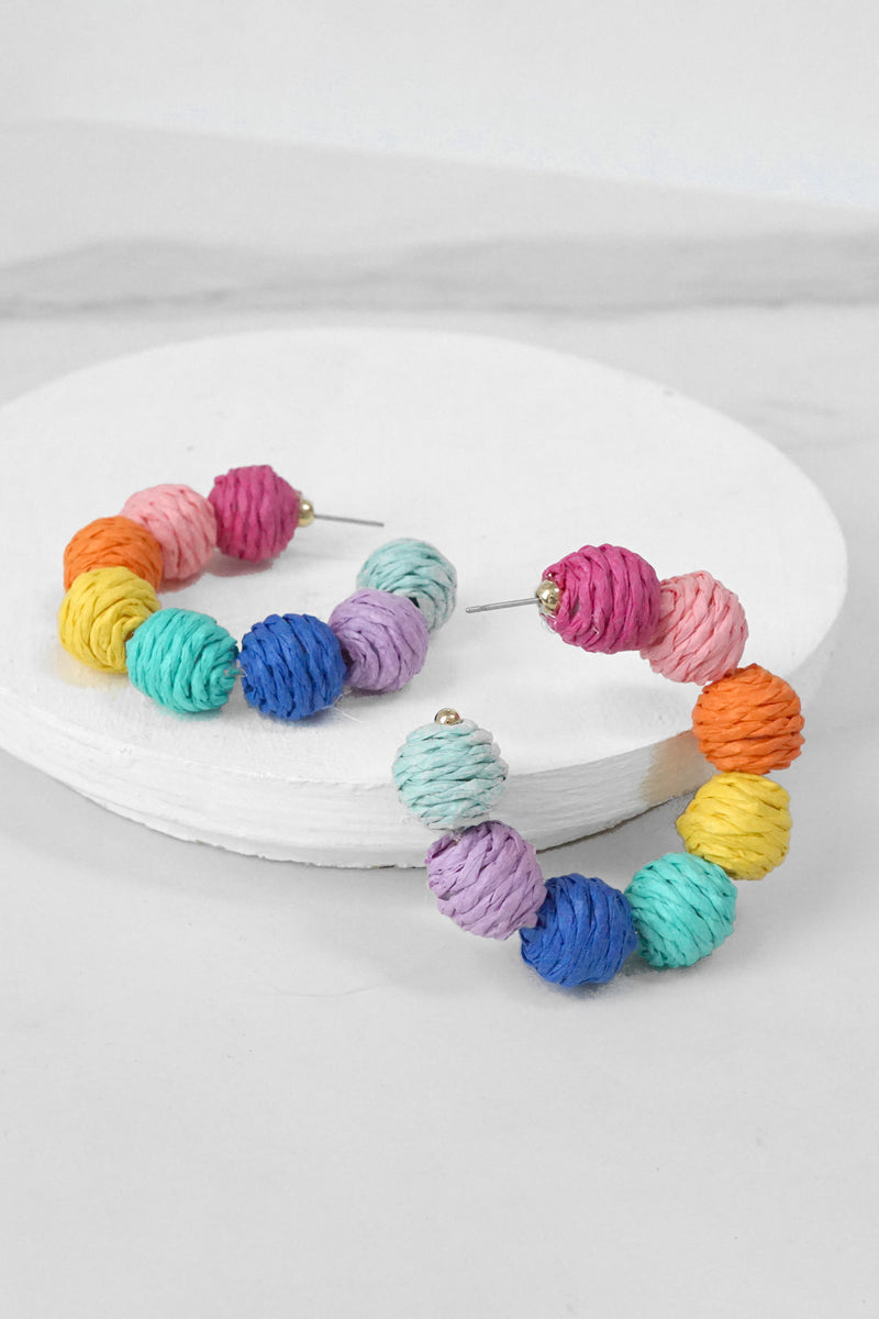 Raffia Hoop Earrings Hot Pink Teal Green Multi