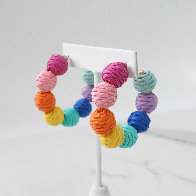 Raffia Hoop Earrings Hot Pink Teal Green Multi