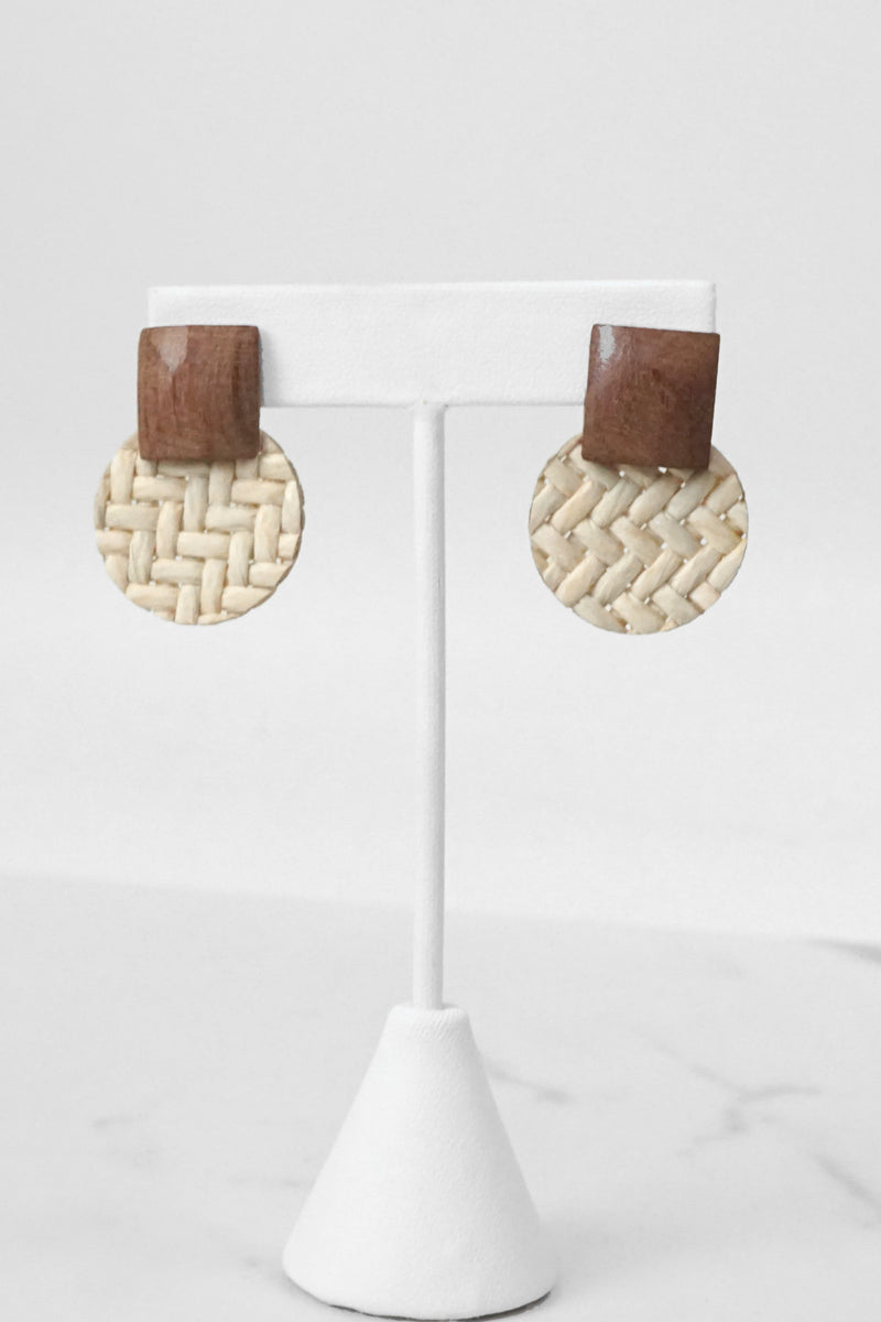 Straw and Wood Drop Earrings Round Rattan Brown Cream