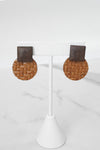 Straw and Wood Drop Earrings Round Rattan Brown Cream