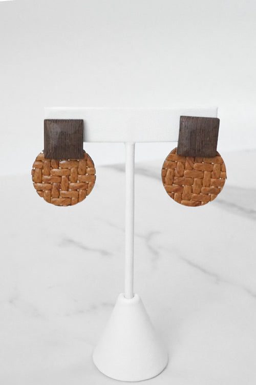 Straw and Wood Drop Earrings Round Rattan Brown Cream