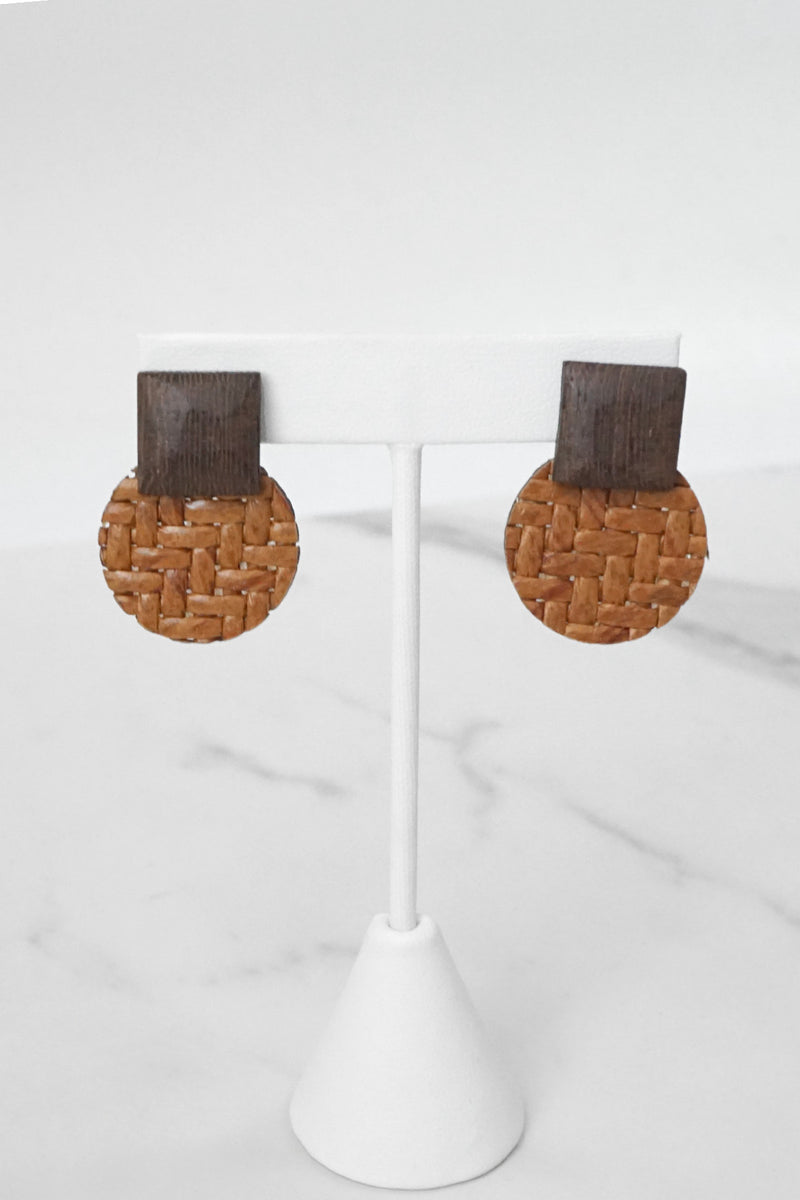 Straw and Wood Drop Earrings Round Rattan Brown Cream