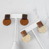 Straw and Wood Drop Earrings Round Rattan Brown Cream