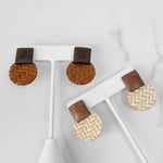 Straw and Wood Drop Earrings Round Rattan Brown Cream