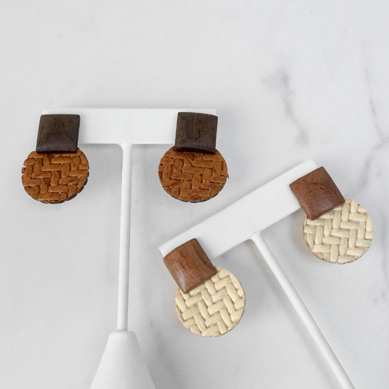 Straw and Wood Drop Earrings Round Rattan Brown Cream