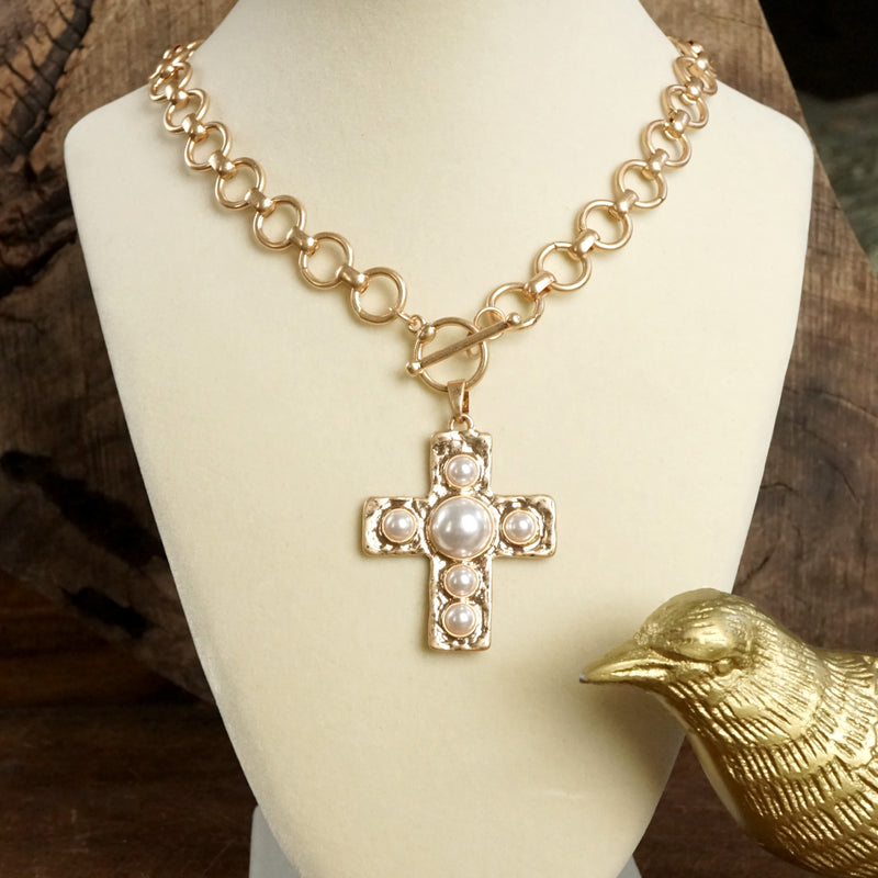 Primitive Cross Necklace – Worn Gold Tone with Acrylic Turquoise or Pearl Cabochons