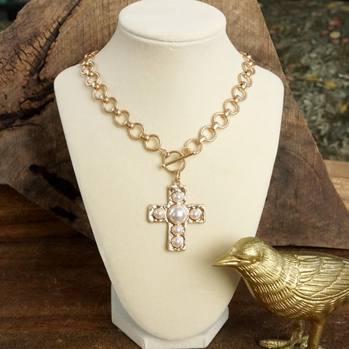 Primitive Cross Necklace – Worn Gold Tone with Acrylic Turquoise or Pearl Cabochons