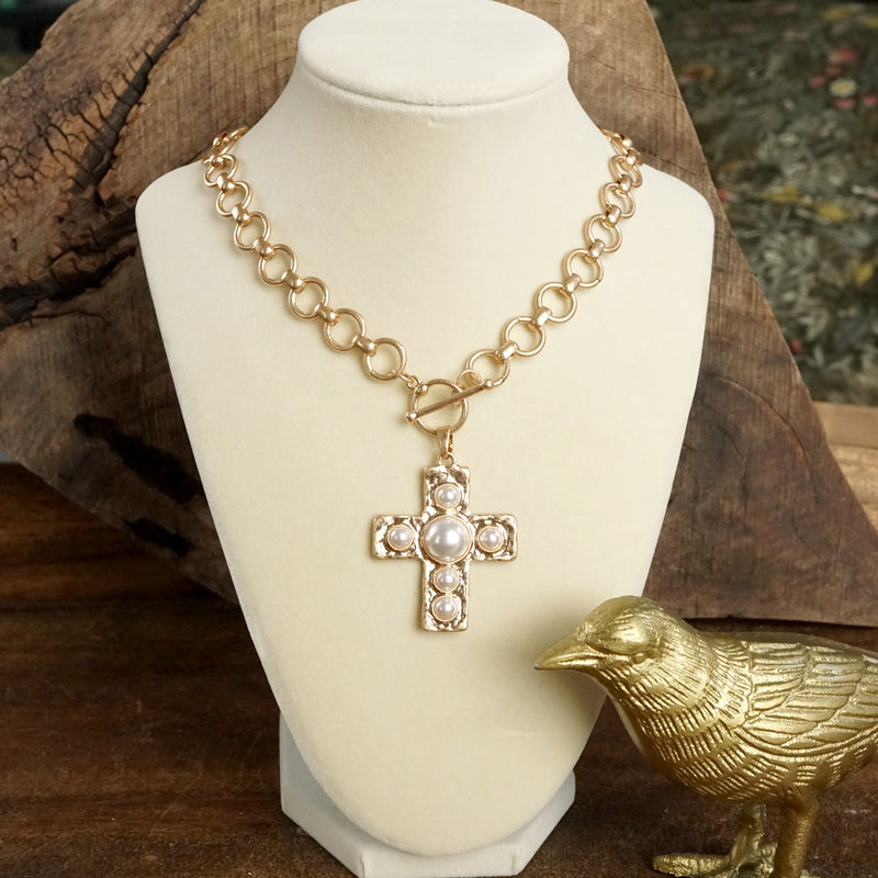 Primitive Cross Necklace – Worn Gold Tone with Acrylic Turquoise or Pearl Cabochons