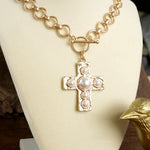 Primitive Cross Necklace – Worn Gold Tone with Acrylic Turquoise or Pearl Cabochons