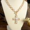 Primitive Cross Necklace – Worn Gold Tone with Acrylic Turquoise or Pearl Cabochons