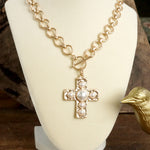 Primitive Cross Necklace – Worn Gold Tone with Acrylic Turquoise or Pearl Cabochons