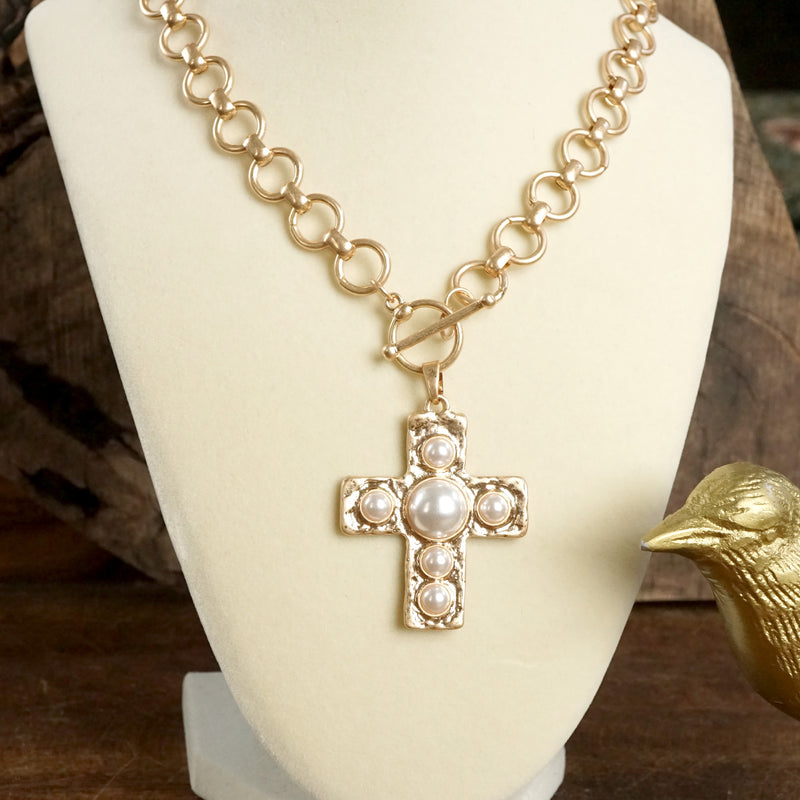 Primitive Cross Necklace – Worn Gold Tone with Acrylic Turquoise or Pearl Cabochons