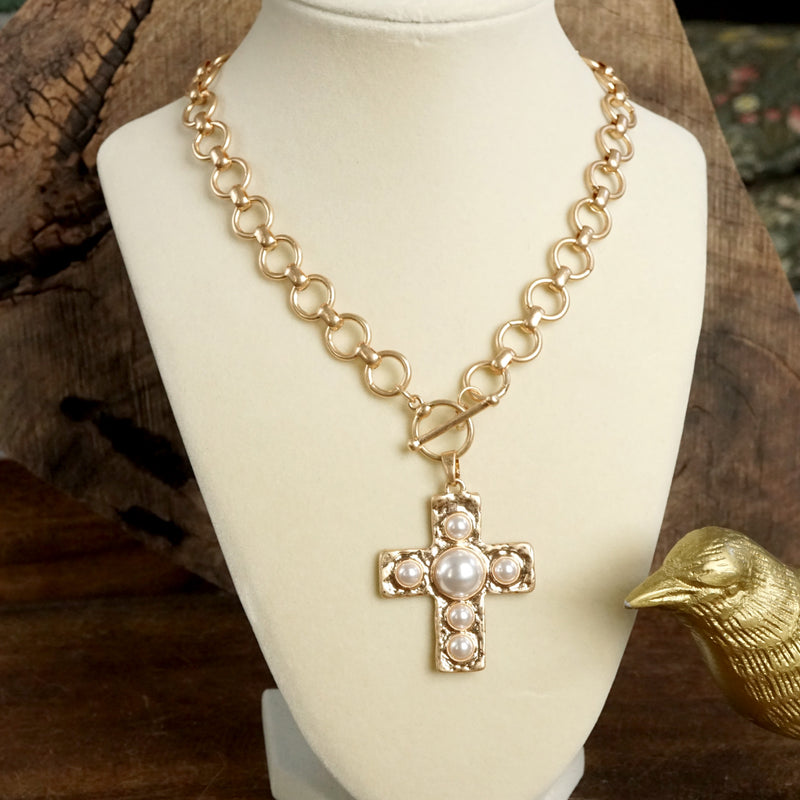 Primitive Cross Necklace – Worn Gold Tone with Acrylic Turquoise or Pearl Cabochons