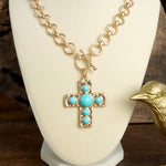 Primitive Cross Necklace – Worn Gold Tone with Acrylic Turquoise or Pearl Cabochons