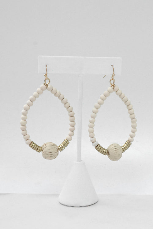 Wood Beads Raffia Teardrop Earrings gold tone Boho style