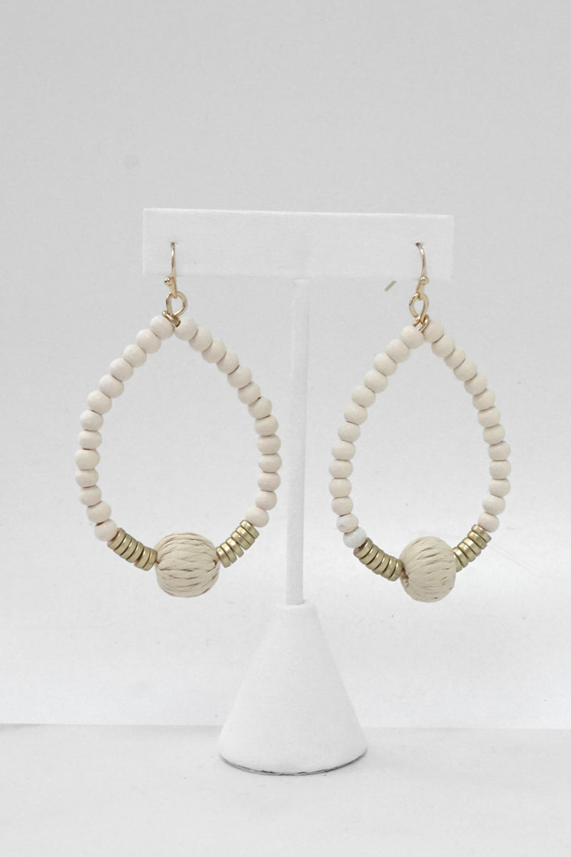 Wood Beads Raffia Teardrop Earrings gold tone Boho style
