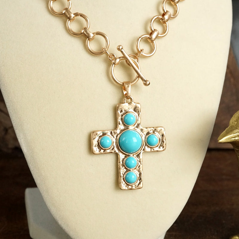 Primitive Cross Necklace – Worn Gold Tone with Acrylic Turquoise or Pearl Cabochons