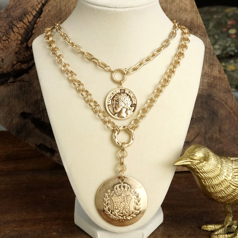 Multi-Layer 2-in-1 Coin Lariat Statement Necklace – Worn Gold