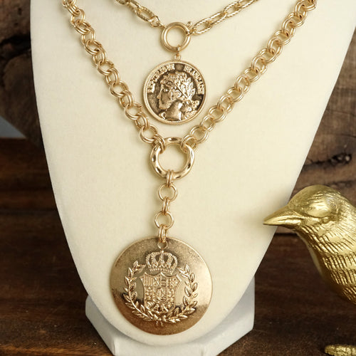 Multi-Layer 2-in-1 Coin Lariat Statement Necklace – Worn Gold